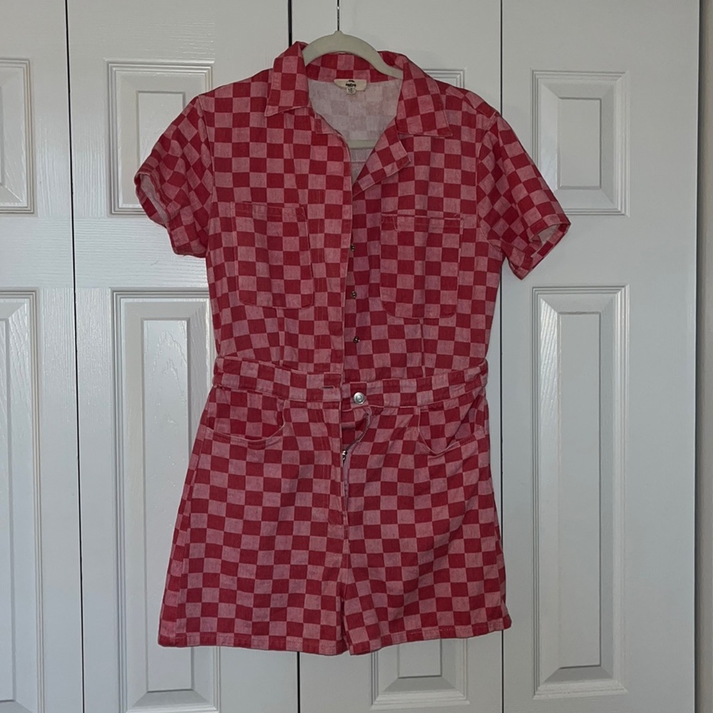 Pink checkered utility romper with buttons and pockets
